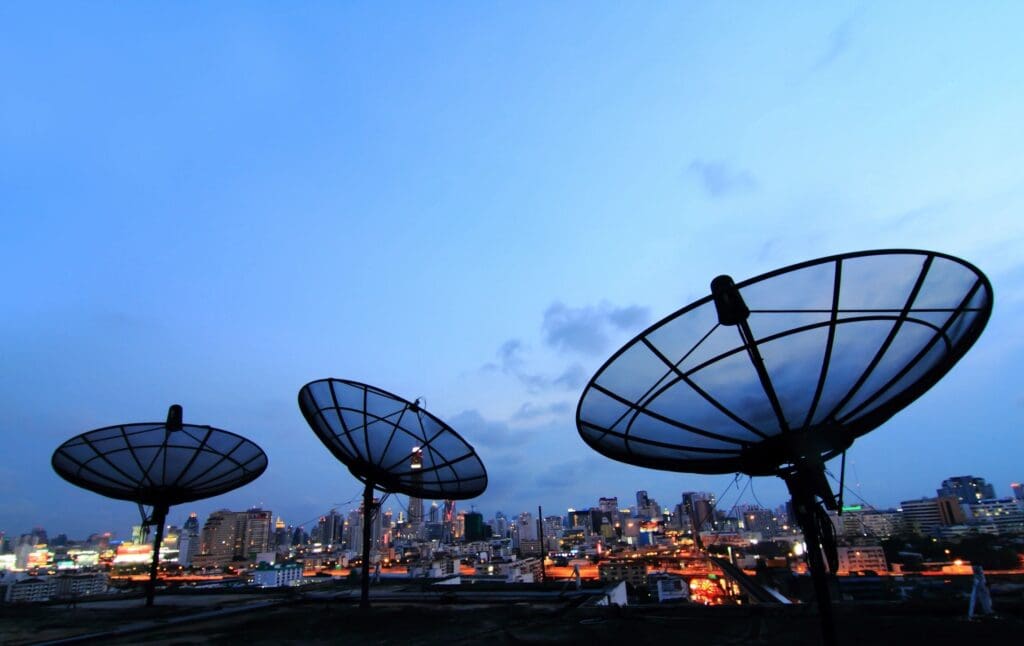 Satellite dishes outside a city