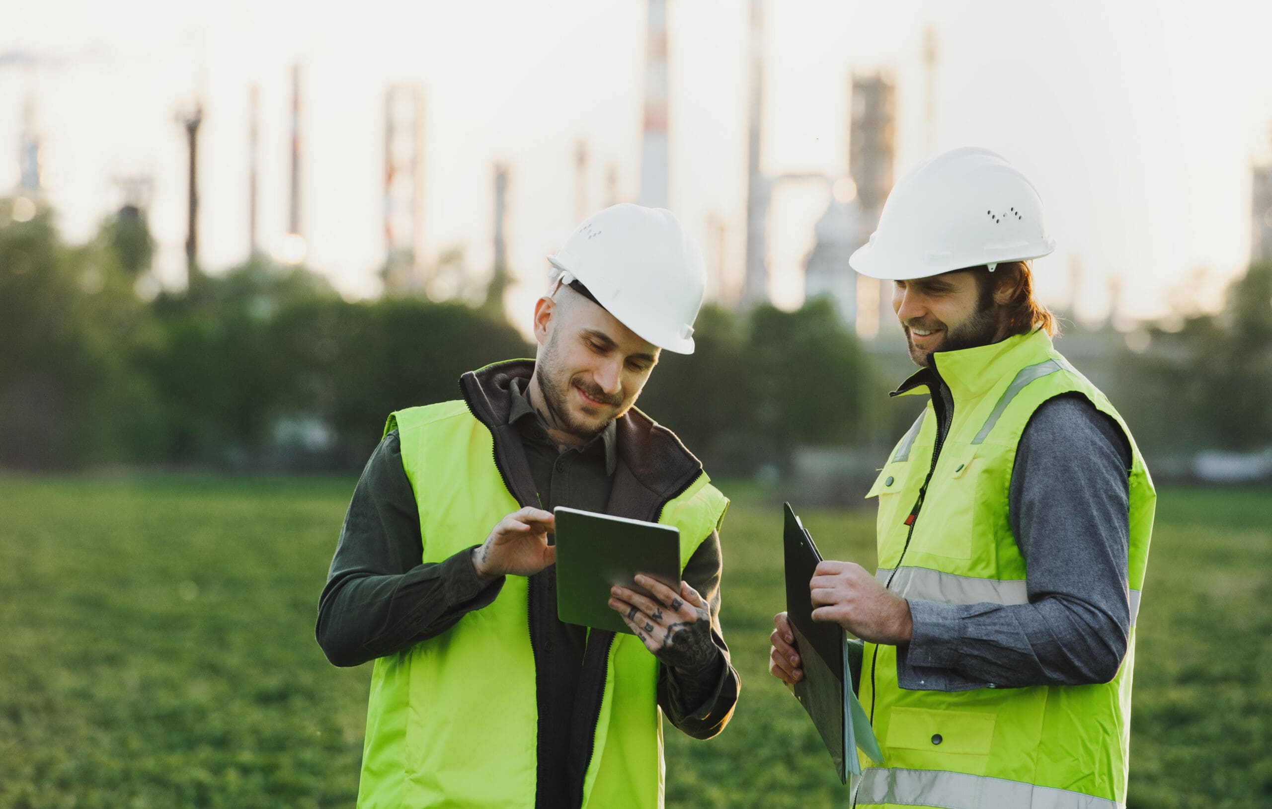 Two young engineers with tablets standing outdoors.