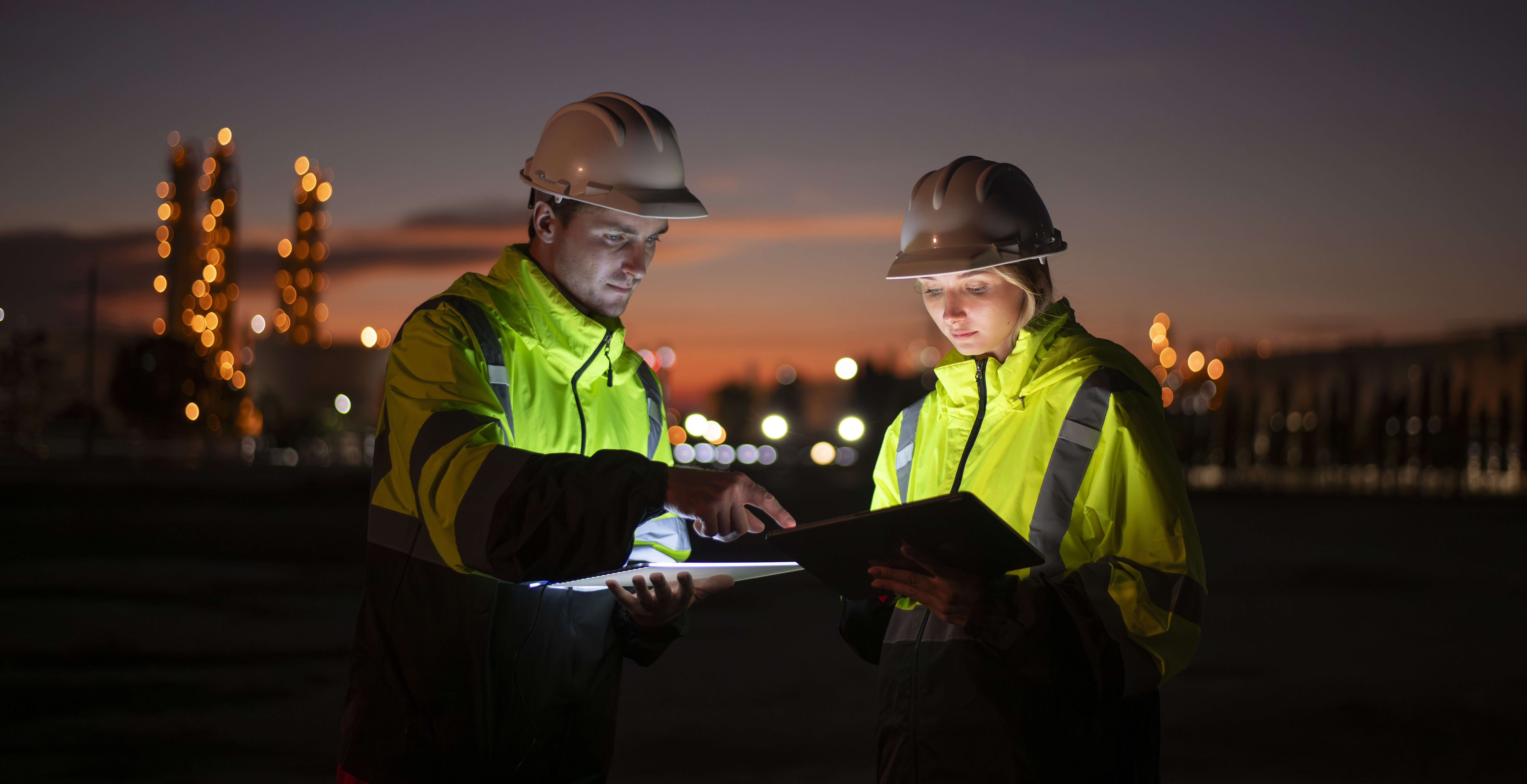 engineers using tablet near gas facility