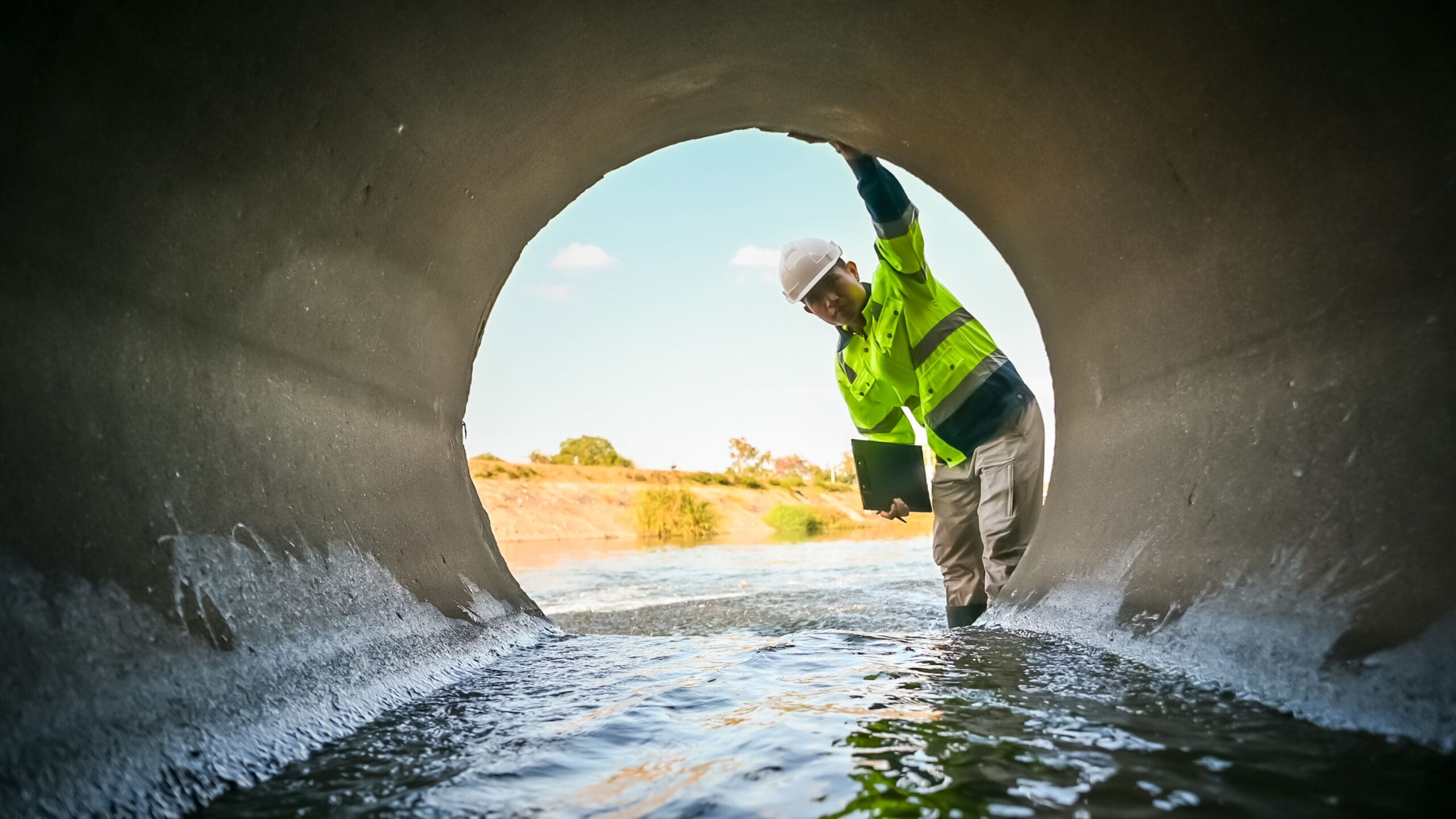 Water Utility Worker Inspecting Drainage Pipe