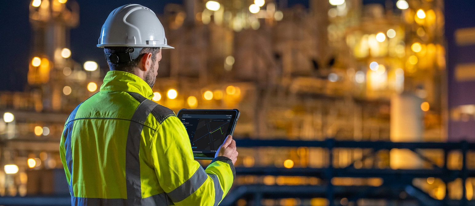 Engineer using epochfield on tablet in dark mode near gas plant at night